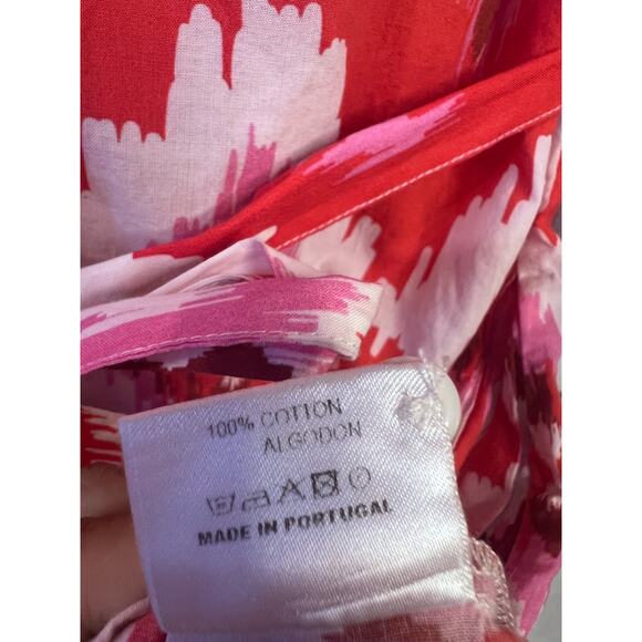 Vilagallo Dress Size 36 Red White Pink Print Lightweight Tie Waist Collar Preppy - Picture 3 of 5